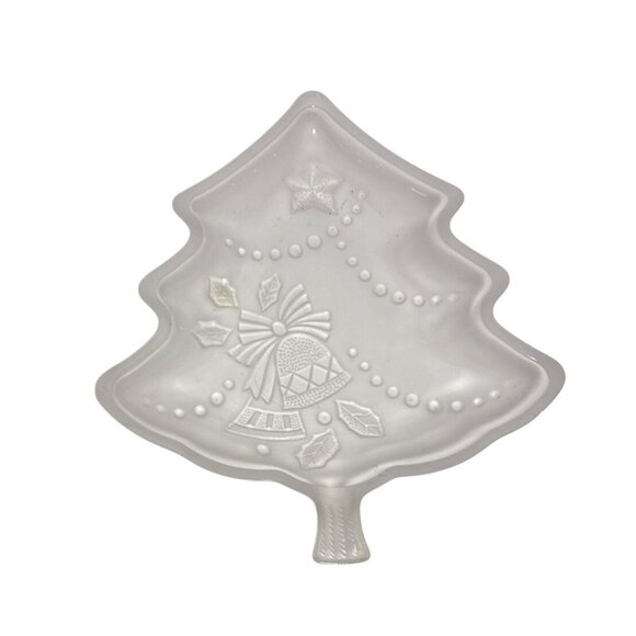 Christmas Tree Shaped Serving Dish Holiday Frosted Glass Bell Design 7.5" - Picture 1 of 6